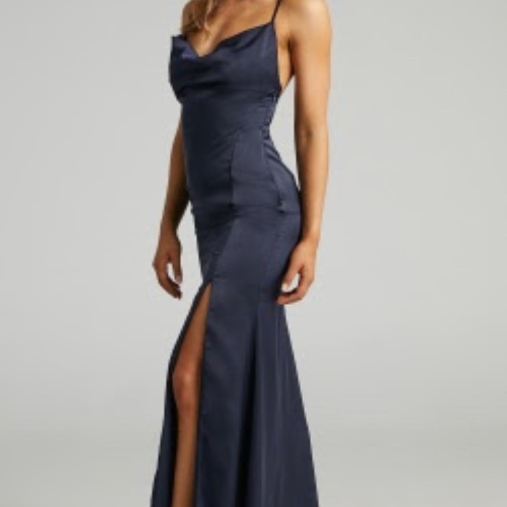 Showpo, A Final Toast Dress In Navy Satin, Size 4 (S)